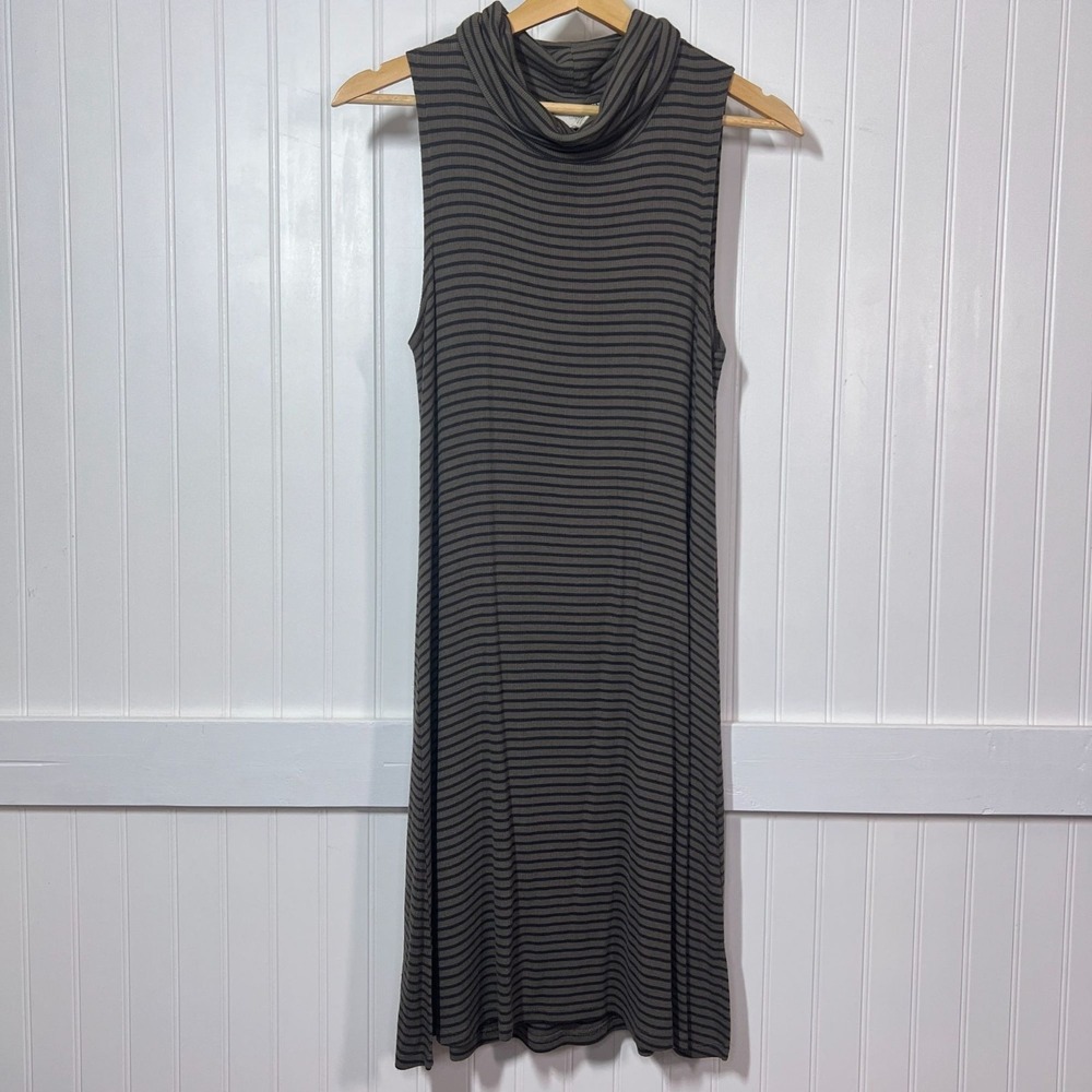 Cupio Gray Striped Dress Minimalist Office Siren Sleeveless Cowl Neck Midi S